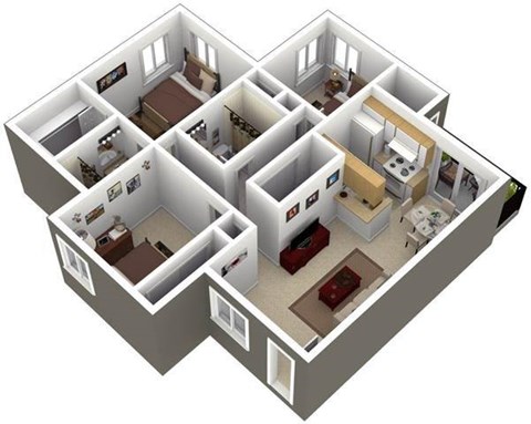 A 3D image of a house layout with multiple rooms.